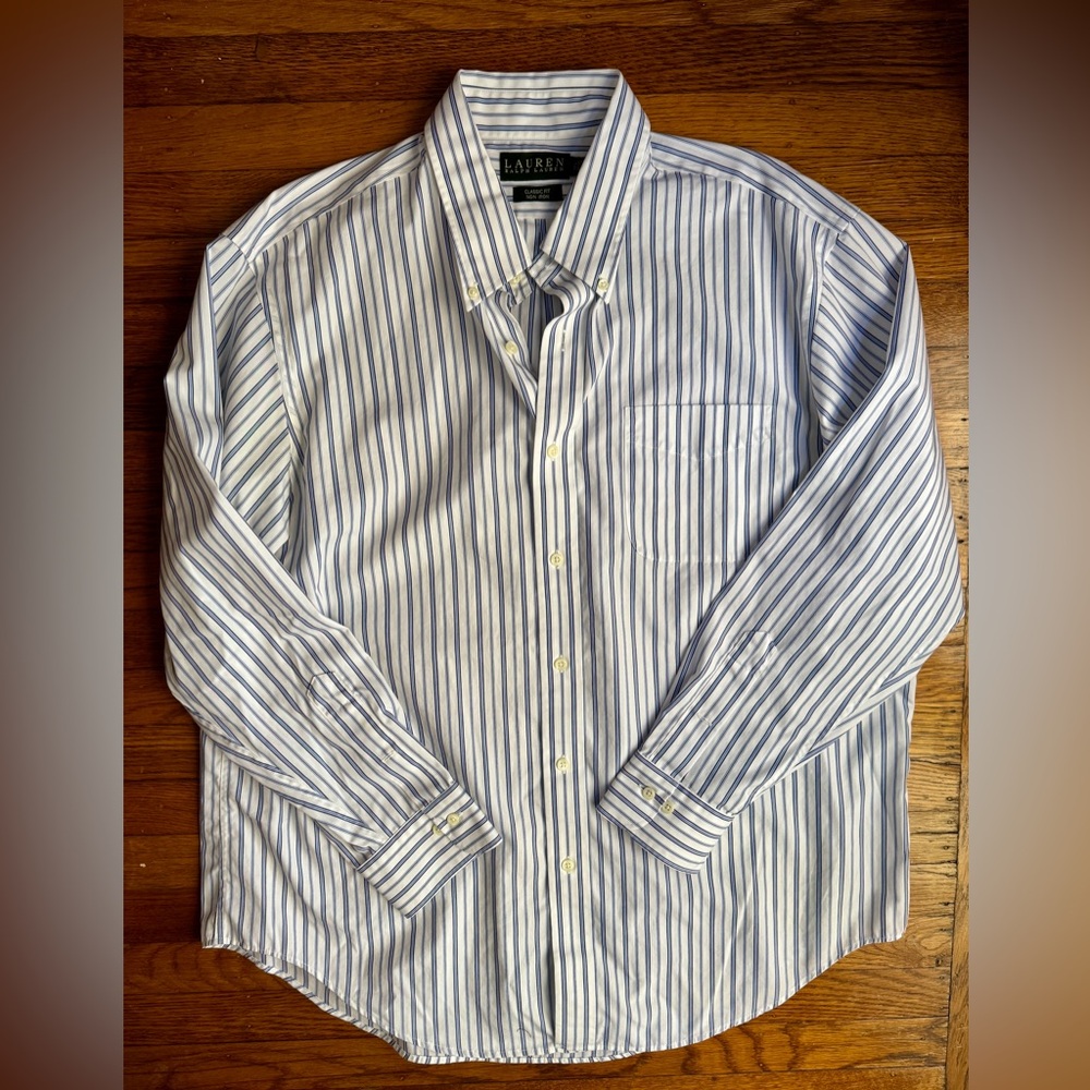 Lauren Ralph Lauren Classic Fit Non Iron Mens Blue Stripe Shirt 17.5 34/35